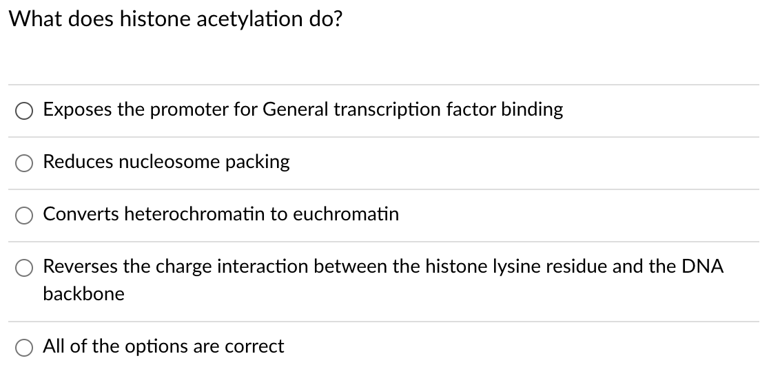 What does histone acetylation do?
Exposes the promoter for General transcription factor binding
Reduces nucleosome packing
Converts heterochromatin to euchromatin
Reverses the charge interaction between the histone lysine residue and the DNA
backbone
All of the options are correct

