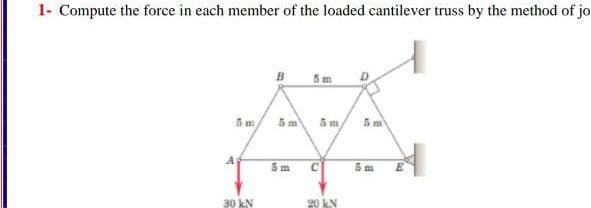 1- Compute the force in each member of the loaded cantilever truss by the method of jo
B 5m
5m
5m
5 m
5 m
5m
5m
30 kN
20 kN
