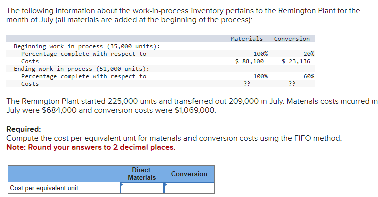 The following information about the work-in-process inventory pertains to the Remington Plant for the
month of July (all materials are added at the beginning of the process):
Beginning work in process (35,000 units):
Percentage complete with respect to
Costs
Ending work in process (51,000 units):
Percentage complete with respect to
Costs
Cost per equivalent unit
Materials Conversion
Direct
Materials
100%
Conversion
$ 88,100
100%
??
The Remington Plant started 225,000 units and transferred out 209,000 in July. Materials costs incurred in
July were $684,000 and conversion costs were $1,069,000.
20%
$ 23,136
??
Required:
Compute the cost per equivalent unit for materials and conversion costs using the FIFO method.
Note: Round your answers to 2 decimal places.
60%