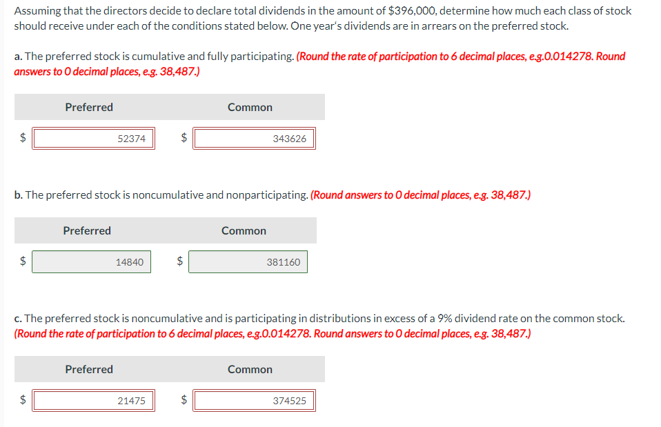 Assuming that the directors decide to declare total dividends in the amount of $396,000, determine how much each class of stock
should receive under each of the conditions stated below. One year's dividends are in arrears on the preferred stock.
a. The preferred stock is cumulative and fully participating. (Round the rate of participation to 6 decimal places, e.g.0.014278. Round
answers to O decimal places, e.g. 38,487.)
LA
$
LA
Preferred
$
LA
b. The preferred stock is noncumulative and nonparticipating. (Round answers to 0 decimal places, e.g. 38,487.)
Preferred
52374
Preferred
14840
$
tA
21475
$
tA
c. The preferred stock is noncumulative and is participating in distributions in excess of a 9% dividend rate on the common stock.
(Round the rate of participation to 6 decimal places, e.g.0.014278. Round answers to O decimal places, e.g. 38,487.)
Common
tA
$
343626
Common
381160
Common
374525