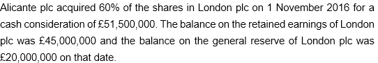Alicante plc acquired 60% of the shares in London plc on 1 November 2016 for a
cash consideration of £51,500,000. The balance on the retained earnings of London
plc was £45,000,000 and the balance on the general reserve of London plc was
£20,000,000 on that date.
