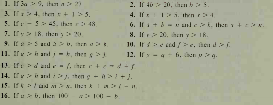 1. If 3a > 9, then a > 27.
2. If 4b > 20, then b > 5.
3. If x > 4, then x + 1 > 5.
4. If x + 1 > 5, then x > 4.
5. If c - 5 > 45. then c > 48.
6. If a + b = n and c> b. then a + c >n.
7. If y > 18. then y > 20.
9. If a > 5 and 5 > b. then a > b.
8. If y > 20, then y > 18.
10. If d > e and f > e, then d >f.
12. If p = q + 6. then p > q.
11. If g > h and j = h, then g > j.
f, then e + e = d + f.
14. If g > h and i>j. then g + h >i + j.
15. If k > I and in > n. then k + m >1 + n.
13. If e > d and e =
16. If a > b, then 100 - a > 100 - b.
