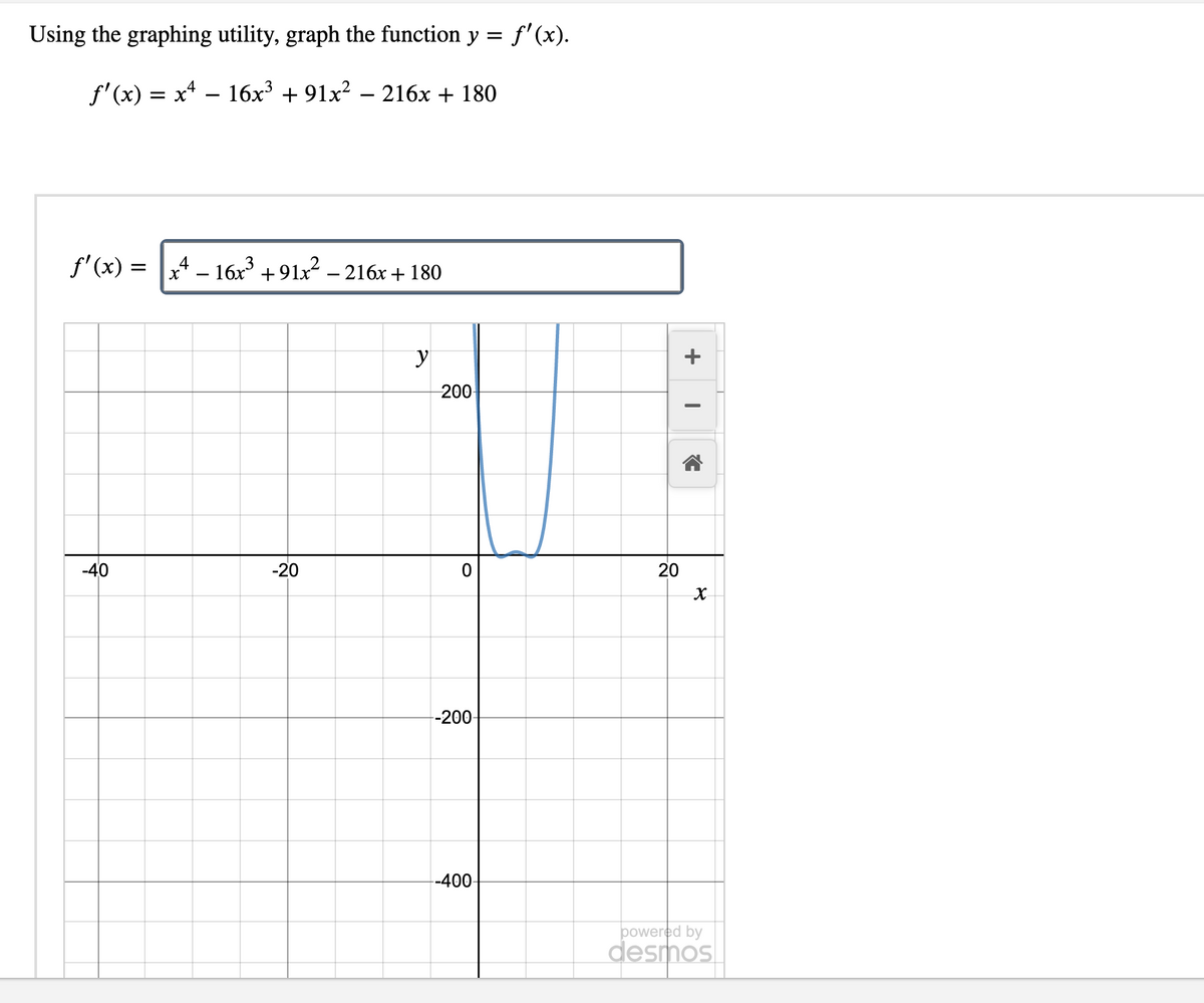 Using the graphing utility, graph the function y = f'(x).
f'(x) = x*
16x3 + 91x? – 216x + 180
f'(x) = |x* – 16x³ +91x² – 216x +180
%3D
y
200
-40
-20
20
--200
-400-
powered by
desmos
+
