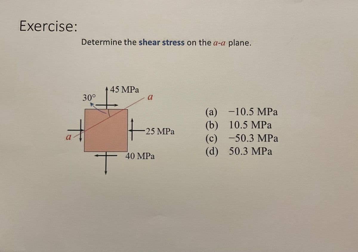 Exercise:
Determine the shear stress on the a-a plane.
45 MPa
a
30°
(a)-10.5 MPa
(b) 10.5 MPa
25 MPa
(c)
(d) 50.3 MPa
-50.3 MPa
40 MPa
