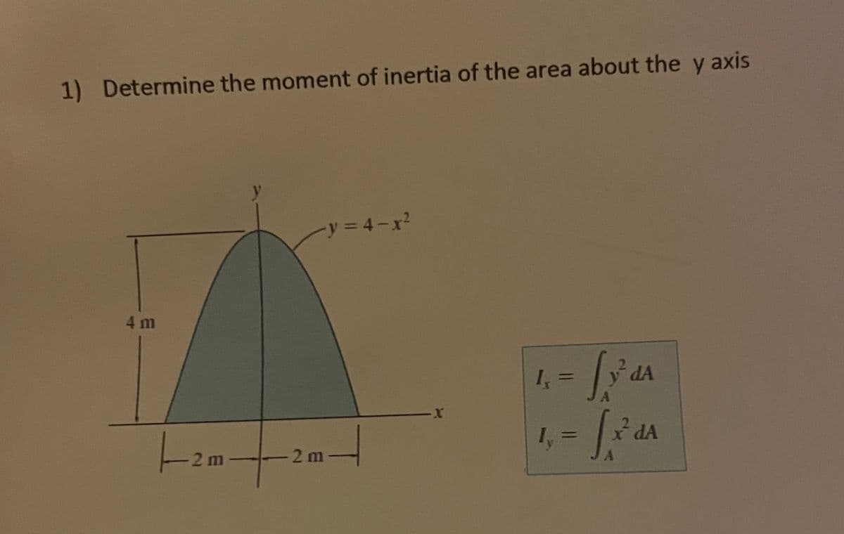 1) Determine the moment of inertia of the area about the y axis
y 4-x2
4 m
2.
%3D
1, = a
%3D
2 m

