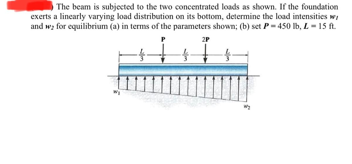 The beam is subjected to the two concentrated loads as shown. If the foundation
exerts a linearly varying load distribution on its bottom, determine the load intensities wi
and w2 for equilibrium (a) in terms of the parameters shown; (b) set P = 450 lb, L = 15 ft.
P
2P
L
L
W1
مان
3
W2
