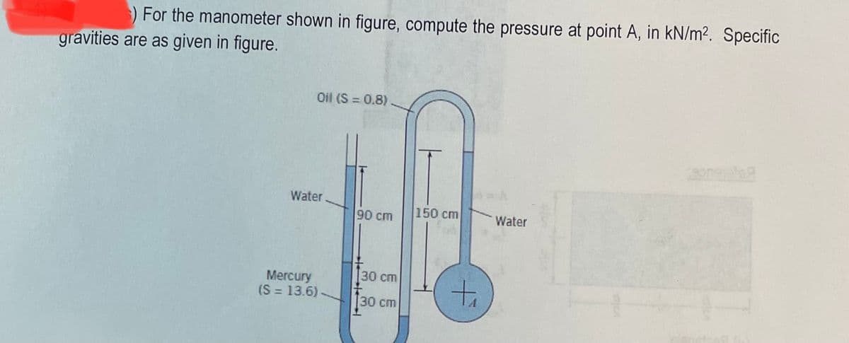 )For the manometer shown in figure, compute the pressure at point A, in kN/m². Specific
gravities are as given in figure.
Oil (S = 0.8)
Water
90 cm
150 cm
Water
30 cm
Mercury
(S = 13.6) -
to
30 cm
