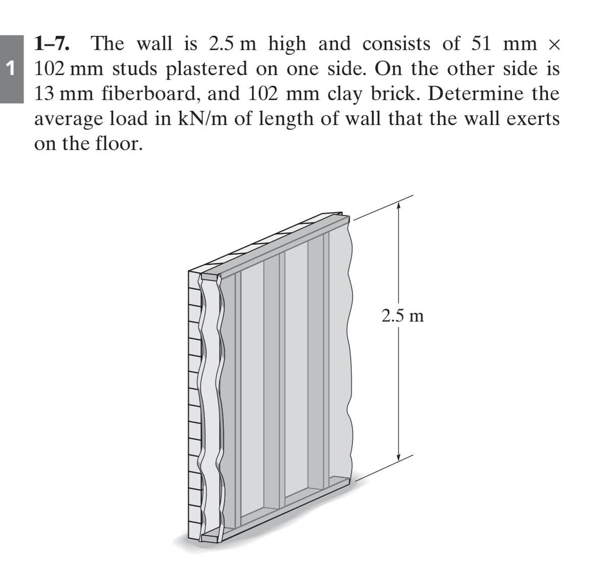 1-7. The wall is 2.5 m high and consists of 51 mm ×
1 102 mm studs plastered on one side. On the other side is
13 mm fiberboard, and 102 mm clay brick. Determine the
average load in kN/m of length of wall that the wall exerts
on the floor.
2.5 m
