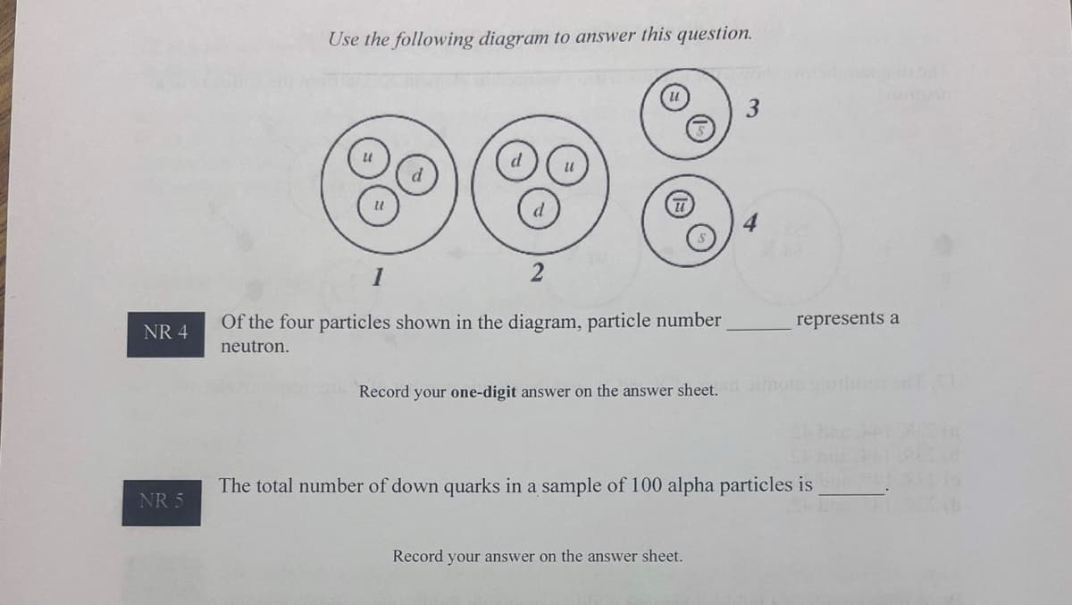NR 4
NR 5
Use the following diagram to answer this question.
2
Of the four particles shown in the diagram, particle number
neutron.
1
represents a
Record your one-digit answer on the answer sheet.mot
The total number of down quarks in a sample of 100 alpha particles is
Record your answer on the answer sheet.