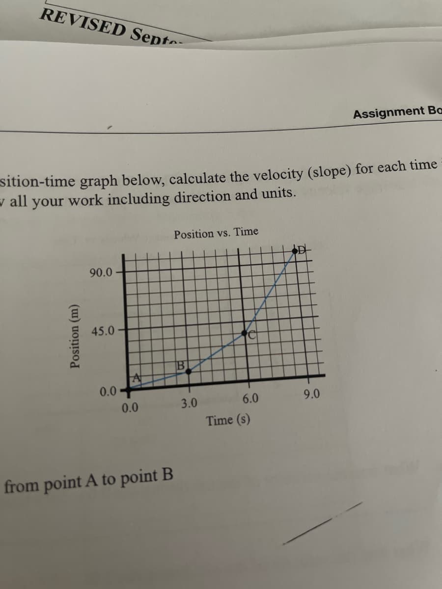 REVISED Septe-
Assignment Ba
sition-time graph below, calculate the velocity (slope) for each time
v all your work including direction and units.
Position vs. Time
90.0
45.0
IB
0.0
0.0
3.0
6.0
9.0
Time (s)
from point A to point B
Position (m)
