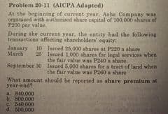 Problem 20-11 (AICPA Adapted)
At the beginning of current year, Ashe Company was
organised with authorized abare capital of 100,000 shares of
P200 par value
During the current year, the entity had the following
transactions affecting shareholders equity:
January
March
10 Issued 25,000 shares at P220 a share
25 Issued 1,000 ahares for legal services when
the fair value was P240 a share.
September 30 Issued 5,000 shares for a tract of land when
the fair value was P260 a share
What amount ahould be reported as share premium at
year-end?
a. 840.000
b. 800,000
S 540,000
d. 600,000
