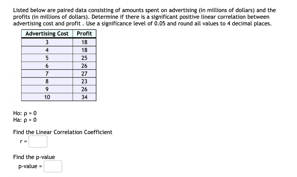 Listed below are paired data consisting of amounts spent on advertising (in millions of dollars) and the
profits (in millions of dollars). Determine if there is a significant positive linear correlation between
advertising cost and profit . Use a significance level of 0.05 and round all values to 4 decimal places.
Advertising Cost
Profit
3
18
4
18
25
26
7
27
8
23
26
10
34
Но: р %3D 0
На: р> 0
Find the Linear Correlation Coefficient
r =
Find the p-value
p-value =
