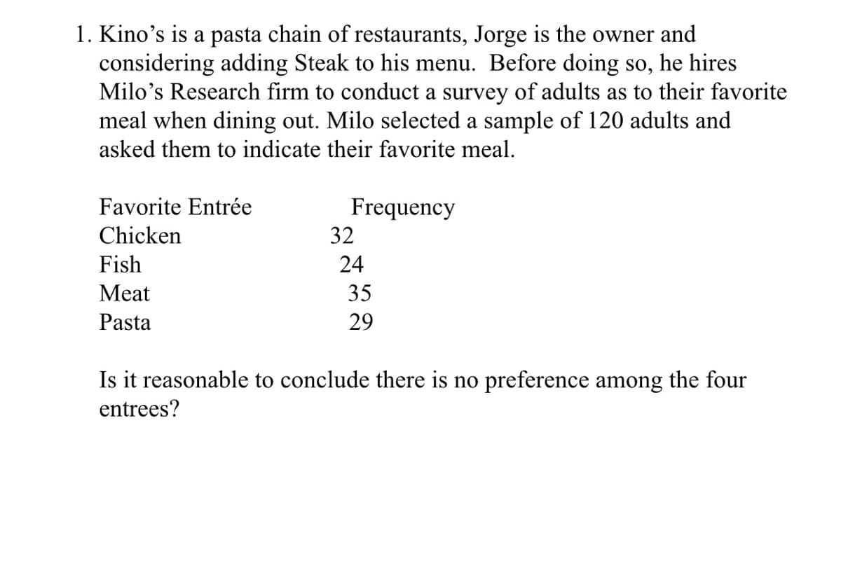 1. Kino's is a pasta chain of restaurants, Jorge is the owner and
considering adding Steak to his menu. Before doing so, he hires
Milo's Research firm to conduct a survey of adults as to their favorite
meal when dining out. Milo selected a sample of 120 adults and
asked them to indicate their favorite meal.
Favorite Entrée
Frequency
32
Chicken
Fish
24
Мeat
35
Pasta
29
Is it reasonable to conclude there is no preference among the four
entrees?
