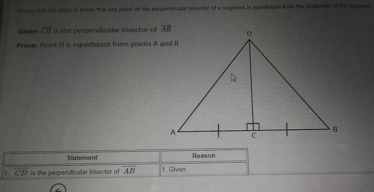 Monica lists the steps to prove that any point on the perpendicular bisector of a segment is equidistant from the endpoints of the segment
Given: CD is the perpendicular bisector of AB
Prove: PointD is equidistant from points A and B
B
Statement
Reason
1. Given
1 CD is the perpendicular bisector of AB
