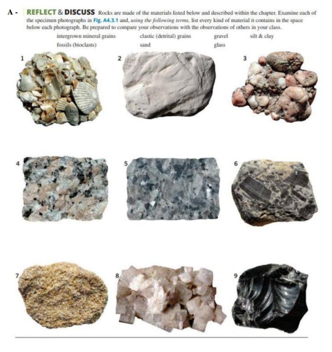 A - REFLECT & DISCUSS Rocks are made of the materials listed below and described within the chapter. Examine each of
the specimen photographs in Fig. A4.3.1 and, using the following terms, list every kind of material it contains in the space
below each photograph. Be prepared to compare your observations with the observations of others in your class.
intergrown mineral grains
clastic (detrital) grains
gravel
silt & clay
fossils (bioclasts)
sand
glass
7
