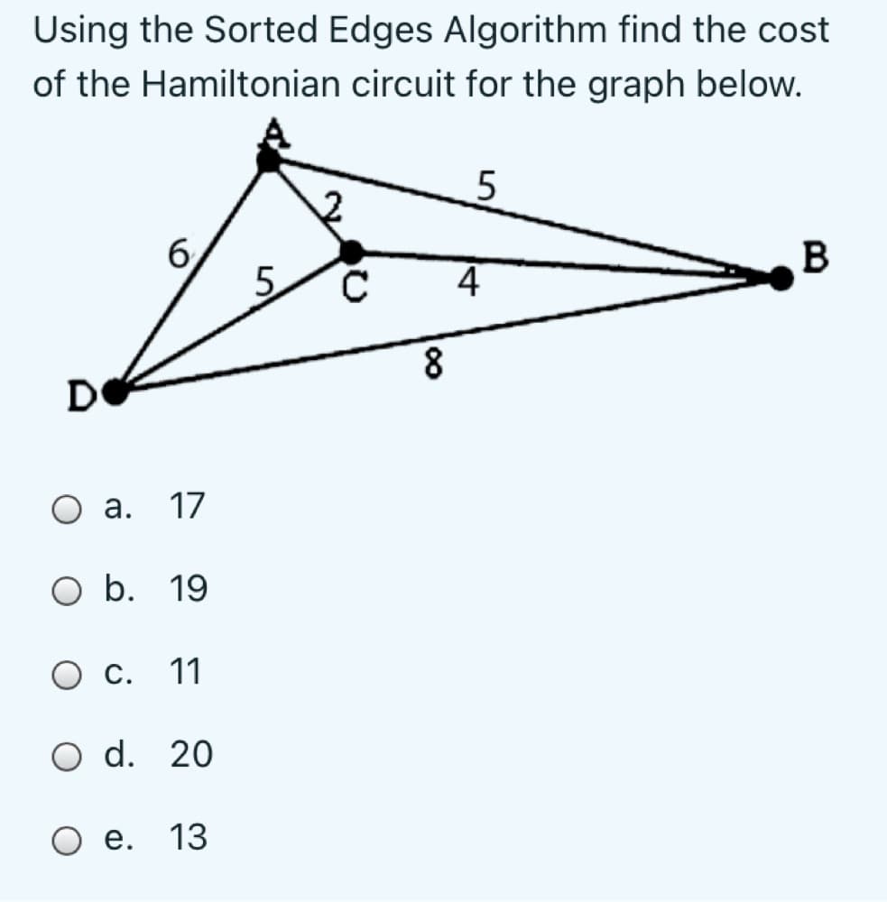 Using the Sorted Edges Algorithm find the cost
of the Hamiltonian circuit for the graph below.
6,
5.
4
B
8
DO
О а.
17
b. 19
C. 11
O d. 20
Ое. 13
