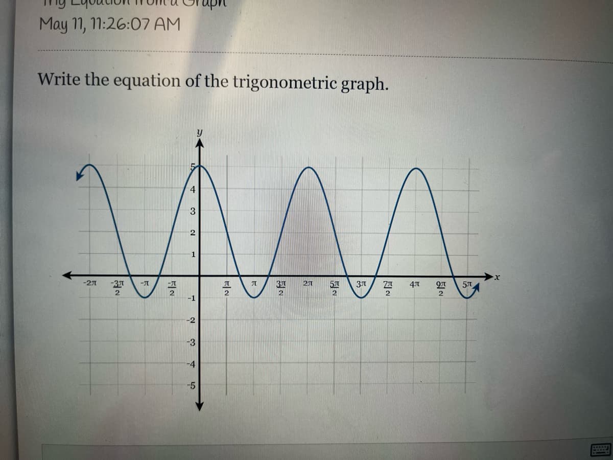 May 11, 11:26:07 AM
Write the equation of the trigonometric graph.
4
1
-27
-37
371
4л
2
2
2
2
-2
-3
-4
-5

