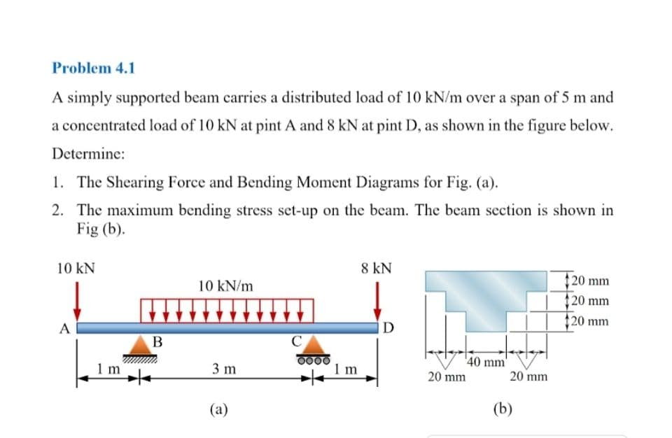 Problem 4.1
A simply supported beam carries a distributed load of 10 kN/m over a span of 5 m and
a concentrated load of 10 kN at pint A and 8 kN at pint D, as shown in the figure below.
Determine:
1. The Shearing Force and Bending Moment Diagrams for Fig. (a).
2. The maximum bending stress set-up on the beam. The beam section is shown in
Fig (b).
10 kN
8 kN
20 mm
20 mm
20 mm
10 kN/m
A
ID
C
1 m
1 m
40 mm'
20 mm
3 m
20 mm
(a)
(b)
