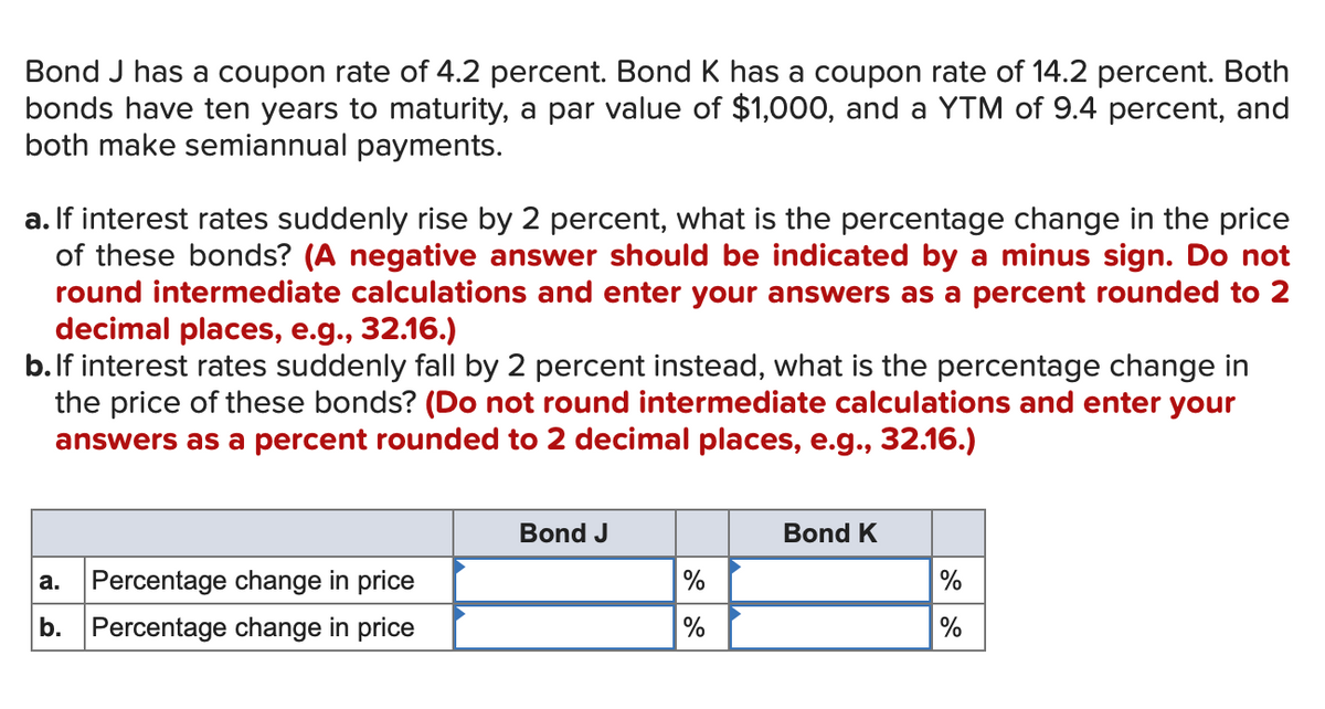 Bond J has a coupon rate of 4.2 percent. Bond K has a coupon rate of 14.2 percent. Both
bonds have ten years to maturity, a par value of $1,000, and a YTM of 9.4 percent, and
both make semiannual payments.
a. If interest rates suddenly rise by 2 percent, what is the percentage change in the price
of these bonds? (A negative answer should be indicated by a minus sign. Do not
round intermediate calculations and enter your answers as a percent rounded to 2
decimal places, e.g., 32.16.)
b. If interest rates suddenly fall by 2 percent instead, what is the percentage change in
the price of these bonds? (Do not round intermediate calculations and enter your
answers as a percent rounded to 2 decimal places, e.g., 32.16.)
a.
Percentage change in price
b. Percentage change in price
Bond J
%
%
Bond K
do do
%
%