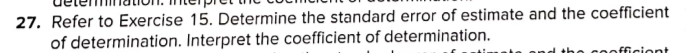 27. Refer to Exercise 15. Determine the standard error of estimate and the coefficient
of determination. Interpret the coefficient of determination.
coofficiont
