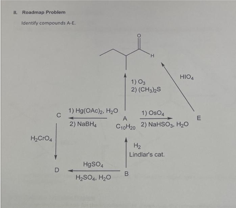 II. Roadmap Problem
Identify compounds A-E.
H₂CRO4
C
D
1) Hg(OAc)2, H₂O
2) NaBH4
HgSO4
H₂SO4, H₂O
H
B
1) 03
2) (CH3)2S
1) OsO4
A
C10H20 2) NaHSO3, H₂O
HIO4
H₂
Lindlar's cat.
E