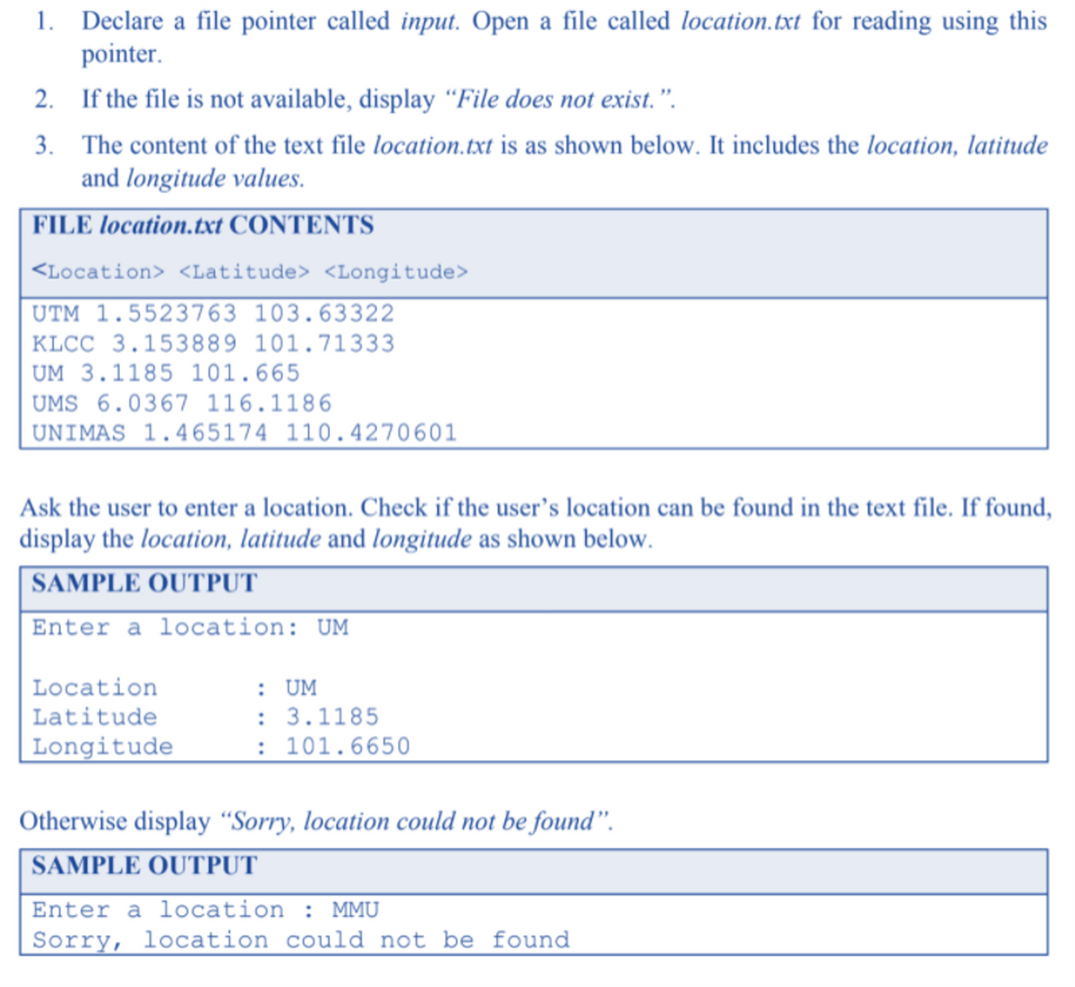 1. Declare a file pointer called input. Open a file called location.txt for reading using this
pointer.
2. If the file is not available, display “File does not exist. ".
3. The content of the text file location.txt is as shown below. It includes the location, latitude
and longitude values.
FILE location.txt CONTENTS
<Location> <Latitude> <Longitude>
UTM 1.5523763 103.63322
KLCC 3.153889 101.71333
UM 3.1185 101.665
UMS 6.0367 116.1186
UNIMAS 1.465174 110.4270601
Ask the user to enter a location. Check if the user's location can be found in the text file. If found,
display the location, latitude and longitude as shown below.
SAMPLE OUTPUT
Enter a location: UM
: UM
: 3.1185
: 101.6650
Location
Latitude
Longitude
Otherwise display “Sorry, location could not be found".
SAMPLE OUTPUT
Enter a location : MMU
Sorry, location could not be found
