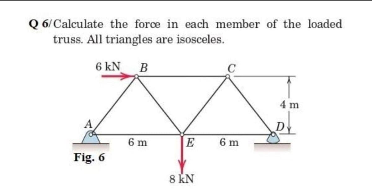 Q 6/ Calculate the force in each member of the loaded
truss. All triangles are isosceles.
6 kN B
4 m
A
6 m
E
6 m
Fig. 6
8 kN
