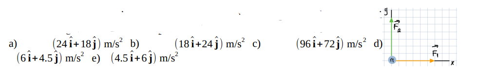 (24Î+18) m/s² b)
(6i+4.5) m/s² e) (4.51+6) m/s²
a)
(18î+24ĵ) m/s² c)
(96i+72ĵ) m/s² d)
F₁