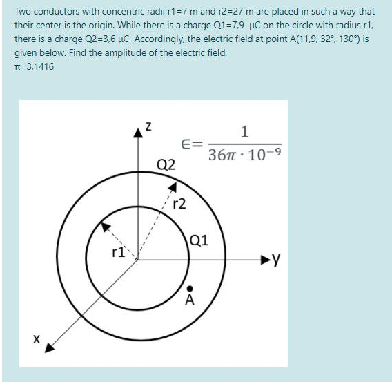 Two conductors with concentric radii r1=7 m and r2=27 m are placed in such a way that
their center is the origin. While there is a charge Q1=7.9 µC on the circle with radius r1.
there is a charge Q2=3,6 µC Accordingly, the electric field at point A(11,9, 32", 130") is
given below. Find the amplitude of the electric field.
T=3,1416
1
E=
36п 10-9
Q2
r2
Q1
r1
A
X
