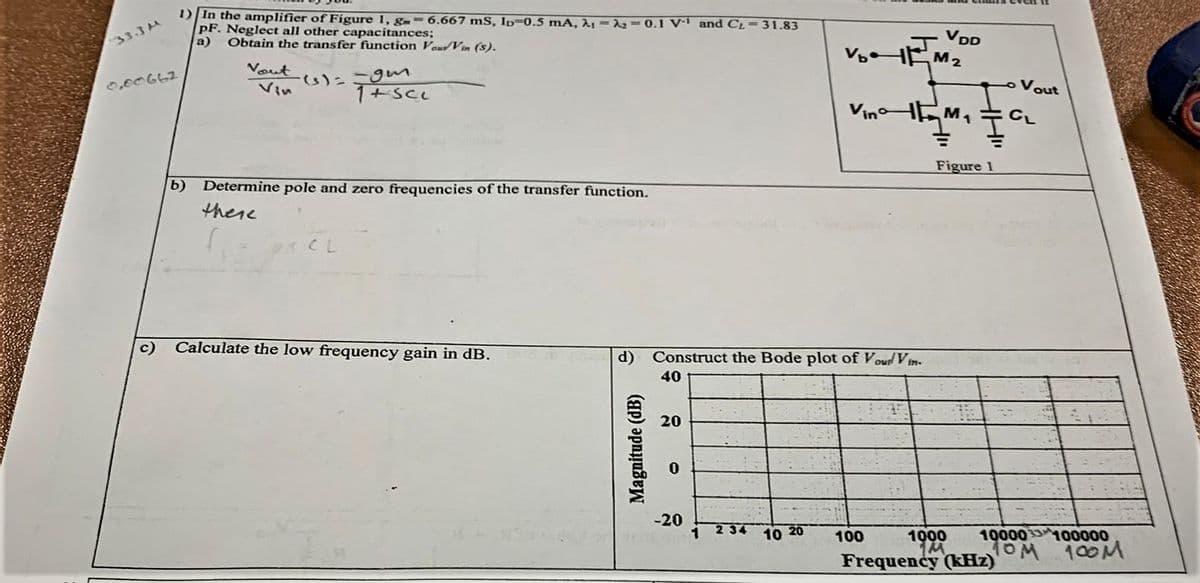 1) In the amplifier of Figure 1, g--6.667 mS, Ip-0.5 mA, 2- -0.1 V and CL-31.83
pF. Neglect all other capacitances;
Obtain the transfer function VeuVin (s).
VDD
333M
a)
VHE
M2
Vout
Vin
Vout
VinoEM,
CL
Figure 1
b) Determine pole and zero frequencies of the transfer function.
there
タイCし
c)
Calculate the low frequency gain in dB.
Construct the Bode plot of Voul Vin.
d)
40
-20
2 34
10 20
10000 100000
100M
100
1000
Frequency (kHz)
Magnitude (dB)
20
