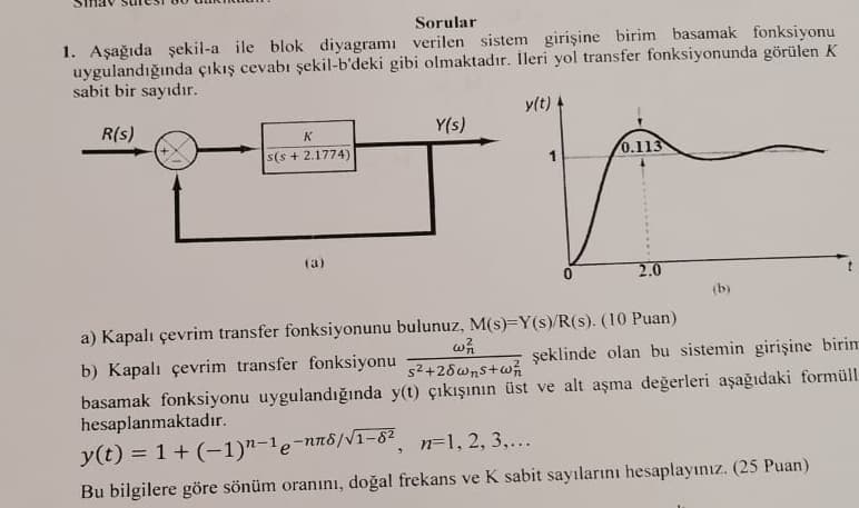 Sorular
1. Aşağıda şekil-a ile blok diyagramı verilen sistem girişine birim basamak fonksiyonu
uygulandığında çıkış cevabı şekil-b'deki gibi olmaktadır. İleri yol transfer fonksiyonunda görülen K
sabit bir sayıdır.
y(t)
R(s)
Y(s)
K
s(s+ 2.1774)
0.113
(3)
0
2.0
(b)
a) Kapalı çevrim transfer fonksiyonunu bulunuz, M(s)-Y(s)/R(s). (10 Puan)
w71
b) Kapalı çevrim transfer fonksiyonu s²+28wns+w²/12
şeklinde olan bu sistemin girişine birin
basamak fonksiyonu uygulandığında y(t) çıkışının üst ve alt aşma değerleri aşağıdaki formüll-
hesaplanmaktadır.
y(t) = 1 + (−1)n-1e-nn8/√₁-8², n=1, 2, 3,...
Bu bilgilere göre sönüm oranını, doğal frekans ve K sabit sayılarını hesaplayınız. (25 Puan)