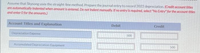 Assume that Skysong uses the straight-line method. Prepare the journal entry to record 2022 depreciation. (Credit account titles
are automatically Indented when amount is entered. Do not Indent manually. If no entry is required, select "No Entry" for the account titles
and enter o for the amounts)
Account Titles and Explanation
Depreciation Expense
Accumulated Depreciation Equipment
Debit
500
Credit
500