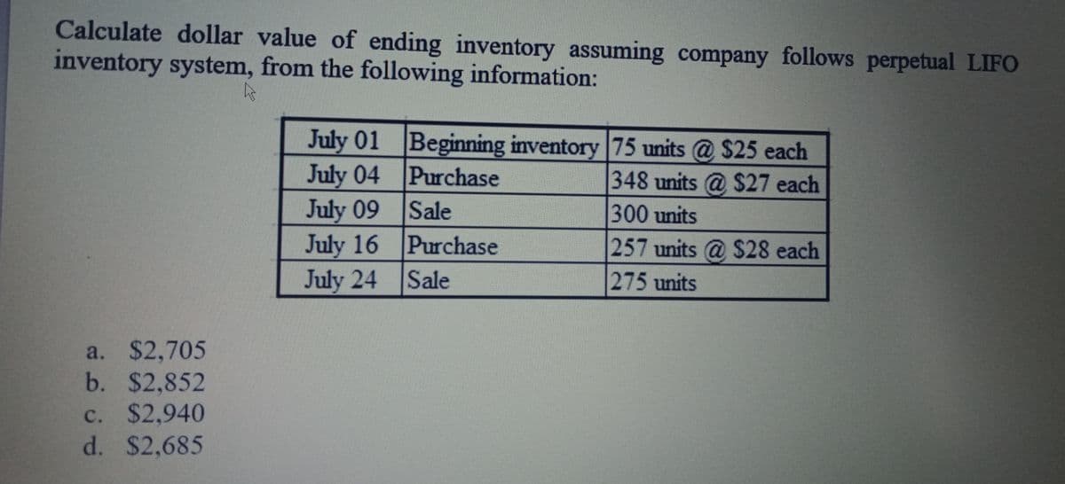 Calculate dollar value of ending inventory assuming company follows perpetual LIFO
inventory system, from the following information:
July 01 Beginning inventory 75 units @ $25 each
July 04 Purchase
July 09 Sale
July 16 Purchase
July 24 Sale
348 units @ $27 each
300 units
257 units @ $28 each
275 units
a. $2,705
b. $2,852
c. $2,940
d. $2,685
с.
