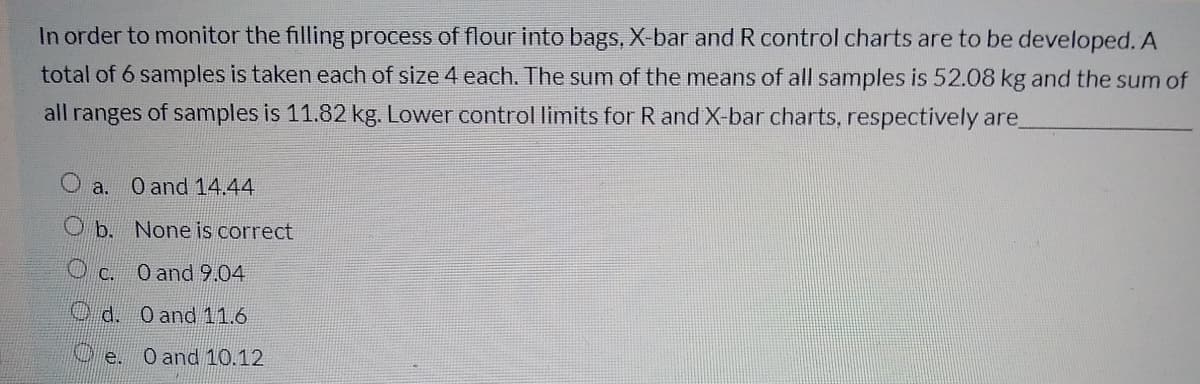 In order to monitor the filling process of flour into bags, X-bar and R control charts are to be developed. A
total of 6 samples is taken each of size 4 each. The sum of the means of all samples is 52.08 kg and the sum of
all ranges of samples is 11.82 kg. Lower control limits for R and X-bar charts, respectively are
O a.
O and 14.44
O b. None is correct
O c.
O and 9.04
O d. O and 11.6
Ue.
O and 10.12
