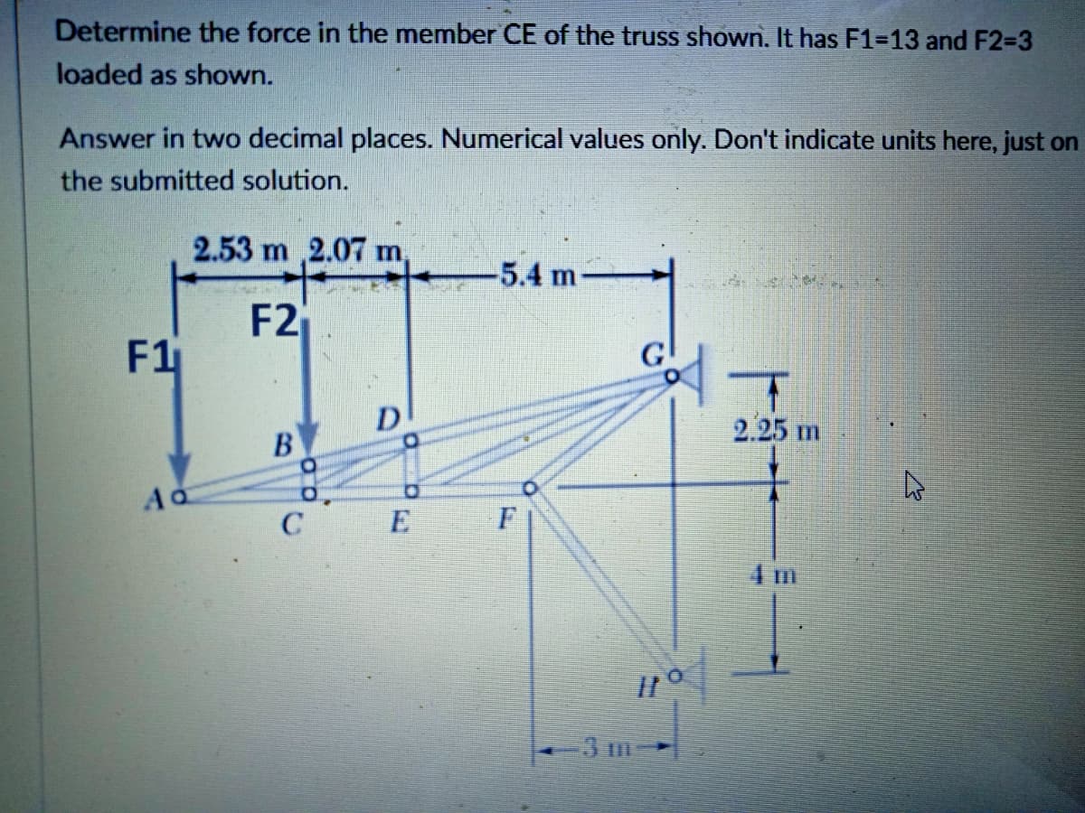 Determine the force in the member CE of the truss shown. It has F1=13 and F2-3
loaded as shown.
Answer in two decimal places. Numerical values only. Don't indicate units here, just on
the submitted solution.
2.53 m 2.07 m,
-5.4 m
F2
F1
2.25 m
E
F
4 m
3 m
B)
