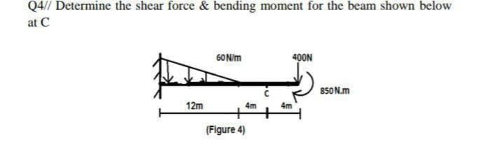 Q4// Determine the shear force & bending moment for the beam shown below
at C
60 N/m
400N
850 N.m
12m
4m
(Figure 4)
4m