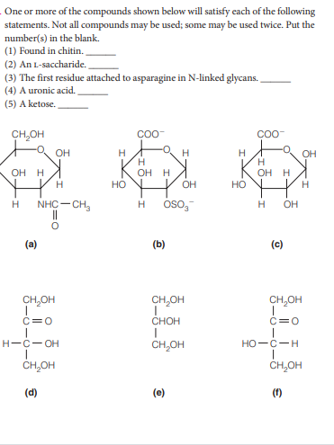 One or more of the compounds shown below will satisfy each of the following
statements. Not all compounds may be used; some may be used twice. Put the
number(s) in the blank.
(1) Found in chitin.
(2) An L-saccharide.
(3) The first residue attached to asparagine in N-linked glycans.
(4) A uronic acid.
(5) A ketose.
CH,OH
CoO
COO
OH
H
H
H
H
ОН Н
но
OH
OH H
OH H
HO
OH
H
NHC- CH,
Oso,
OH
(a)
(b)
(c)
CH,OH
CH,OH
CH,OH
C=0
CHOH
C=0
H-C- OH
CH,OH
но -с-н
ČH,OH
CH,OH
(d)
(e)
