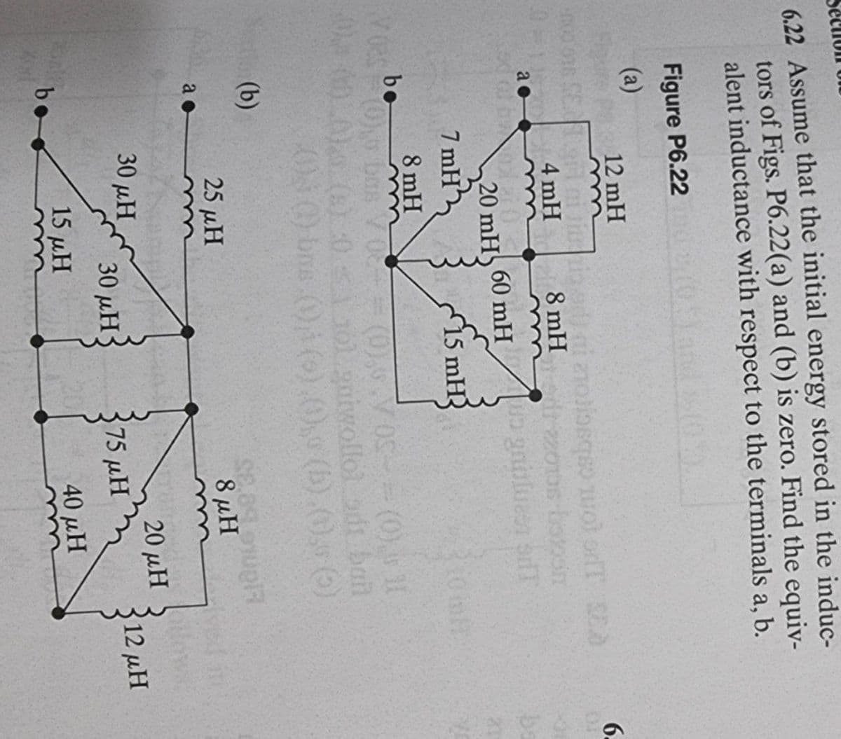 6.22 Assume that the initial energy stored in the induc-
tors of Figs. P6.22(a) and (b) is zero. Find the equiv-
alent inductance with respect to the terminals a, b.
Figure P6.22
(a)
12 mH
6-
4 mH
8 mH oos boom
a o
20 mH 60 mн
7 mH
15 mH
8 mH
be
(0)o bos V 0
(0),6.V0S--(0). f
201.9niwollo adt ban
0N0) bns (04 (o).0,0 (b).0.9 ()
(b)
25 μΗ
8 μΗ
ved in
Nows
30 pH30 uH
20 μΗ
30 μΗ 3
75 μΗ
12 μΗ
be
15 μΗ
40 µH
