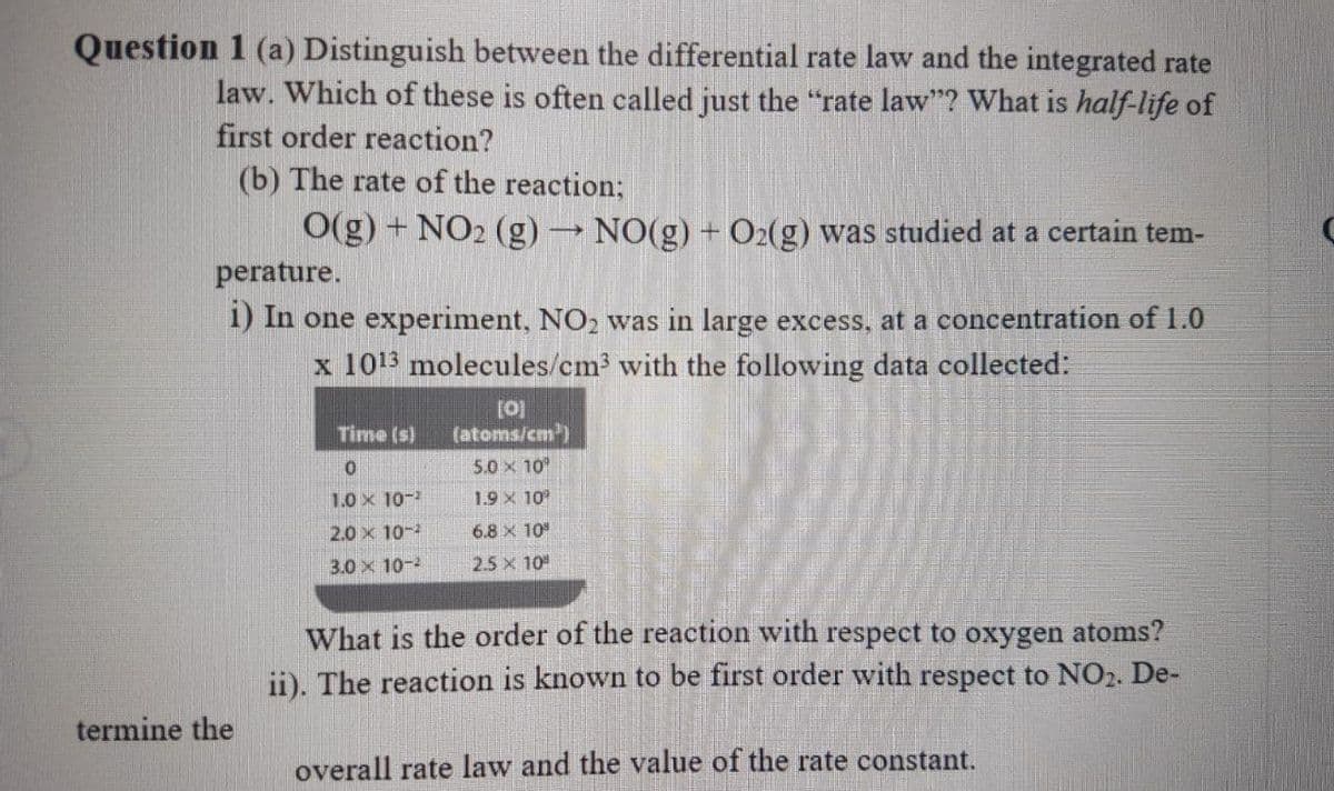 Question 1 (a) Distinguish between the differential rate law and the integrated rate
law. Which of these is often called just the "rate law"? What is half-life of
first order reaction?
(b) The rate of the reaction;
O(g) + NO2 (g) → NO(g) + O2(g) was studied at a certain tem-
perature.
1) In one experiment, NO2 was in large excess, at a concentration of 1.0
x 1013 molecules/cm3 with the following data collected:
Time (s)
(atoms/cm)
5.0 x 10
1.0x 10-
1.9 X 10
2.0 x 10-
6.8 x 10
3.0 x 10-
2.5 x 10
What is the order of the reaction with respect to oxygen atoms?
ii). The reaction is known to be first order with respect to NO2. De-
termine the
overall rate law and the value of the rate constant.
