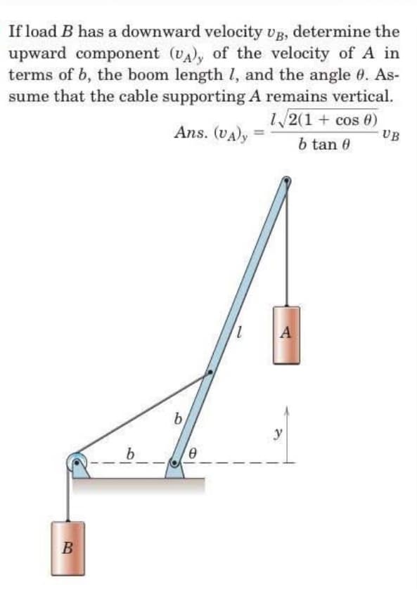 If load B has a downward velocity vB, determine the
upward component (vA), of the velocity of A in
terms of b, the boom length l, and the angle 0. As-
sume that the cable supporting A remains vertical.
1/2(1 + cos 0)
Ans. (VA)y
UB
b tan 0
1,
A
b,
y
В
