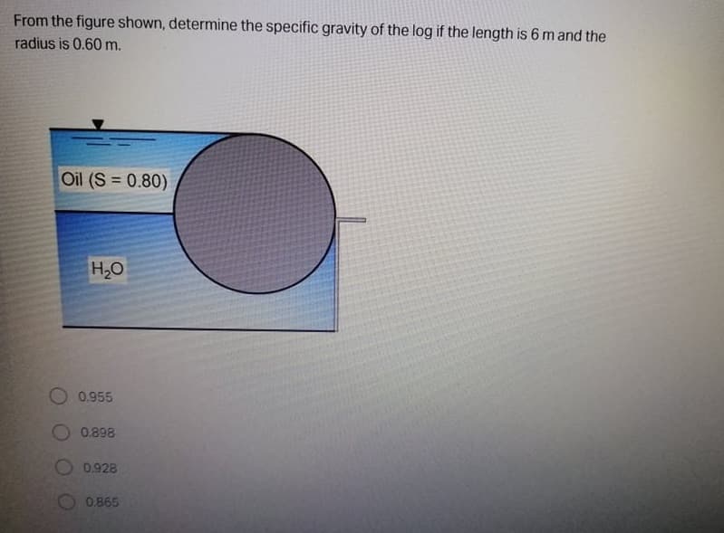From the figure shown, determine the specific gravity of the log if the length is 6 m and the
radius is 0.60 m.
Oil (S 0.80)
%3D
H,0
O 0.955
0.898
0.928
0.865

