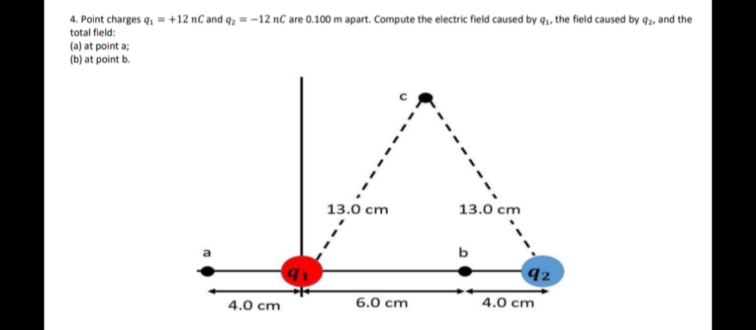 4. Point charges q, = +12 nC and q2 = -12 nC are 0.100 m apart. Compute the electric field caused by q1, the field caused by q2, and the
total field:
(a) at point a;
(b) at point b.
13.0 cm
13.0 cm
b
92
4.0 cm
6.0 cm
4.0 cm
