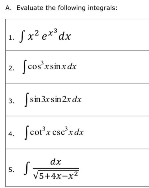 A. Evaluate the following integrals:
1. ſ x² e**dx
2. ſcos'xsinxdx
3. S 2r dx
sin 3xsin!
4. fcot'x esc'xdx
fcor'r ese'xds
dx
5.
J V5+4x-x2
