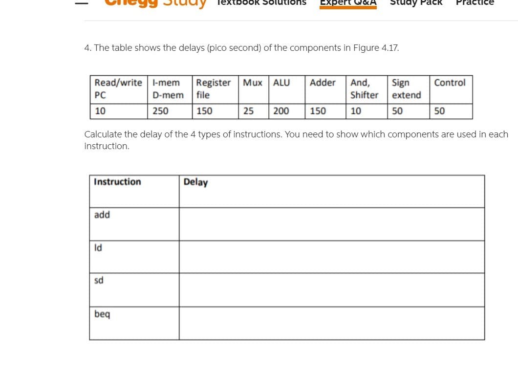 lextbookK Solutions
Expert
Study Pack
Practice
4. The table shows the delays (pico second) of the components in Figure 4.17.
Read/write l-mem
Adder
And,
Control
Register
file
Mux
ALU
Sign
PC
D-mem
Shifter
extend
10
250
150
25
200
150
10
50
50
Calculate the delay of the 4 types of instructions. You need to show which components are used in each
instruction.
Instruction
Delay
add
Id
sd
beq
