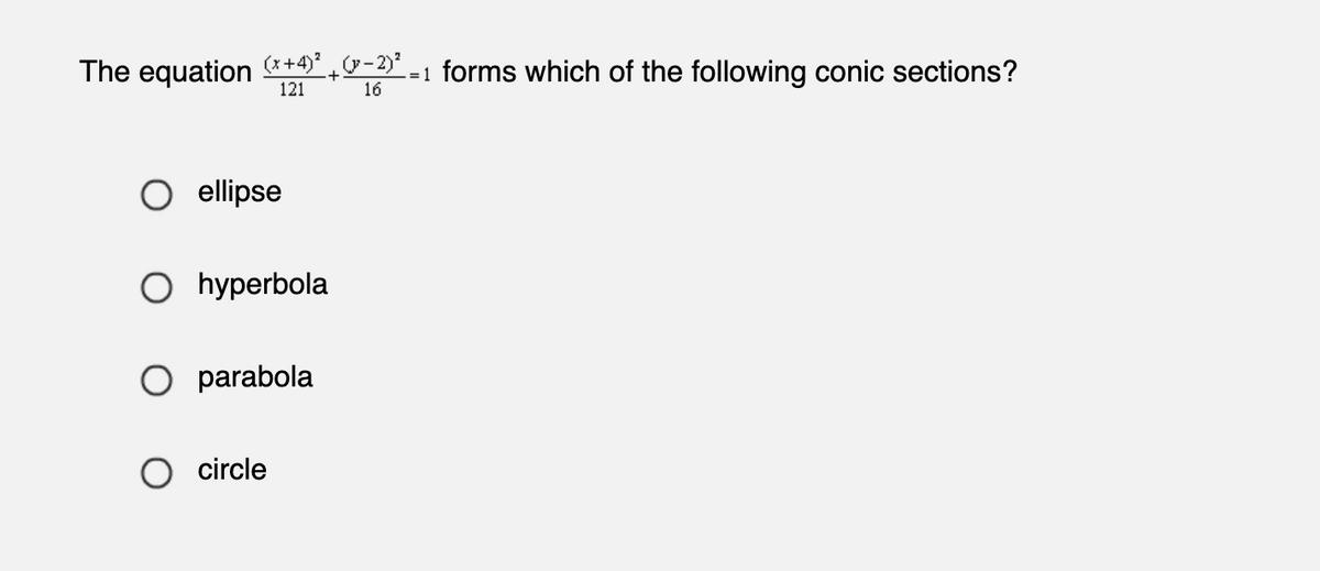 The equation (x+4)²+(-2)² =1 forms which of the following conic sections?
121
16
ellipse
O hyperbola
O parabola
circle