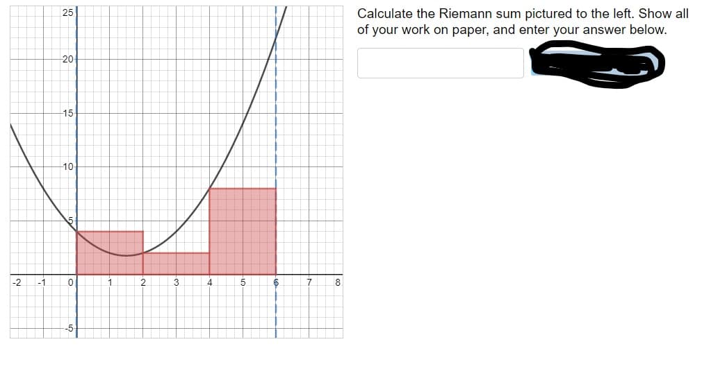 Calculate the Riemann sum pictured to the left. Show all
of your work on paper, and enter your answer below
25
20
15
10
