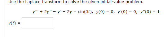 Use the Laplace transform to solve the given initial-value problem.
y"" + 2y" – y' - 2y = sin(3t), y(0) = 0, y'(0) = 0, y"(0) = 1
y(t) =
