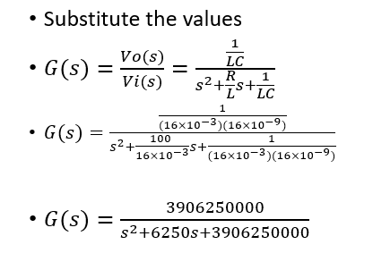 • Substitute the values
1
Vo(s)
• G(s):
LC
R
s2+s+
Vi(s)
LC
1
(16x10-3)(16x10-9)
s2+
16x10-35+
G(s)
100
1
(16x10-3)(16x10-9)
3906250000
G(s) =
• G(s):
s2+6250s+3906250000
