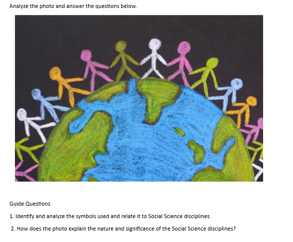 Analyze the photo and answer the questions below.
Guide Questions
1. Identify and analyze the symbols used and relate it to Social Science disciplines.
2. How does the photo explain the nature and significance of the Social Science disciplines?