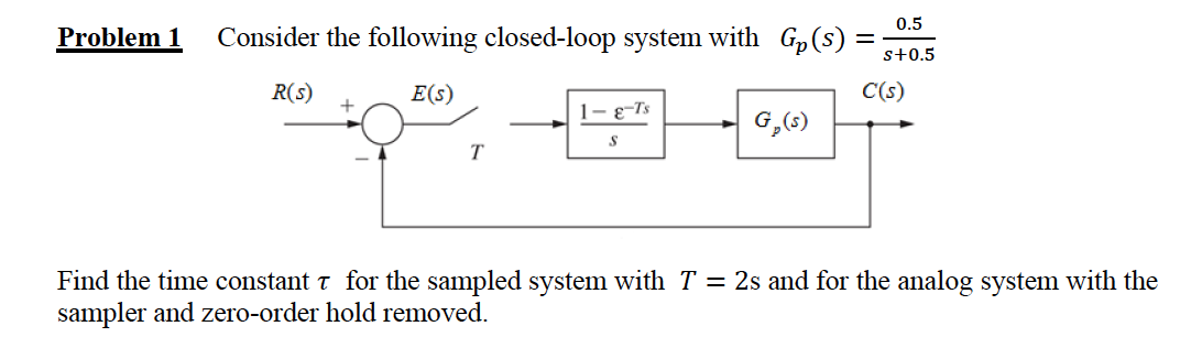 0.5
Problem 1
Consider the following closed-loop system with Gp(s) :
s+0.5
R(s)
E(s)
C(s)
1- e-Ts
G,(5)
T
Find the time constant t for the sampled system with T = 2s and for the analog system with the
sampler and zero-order hold removed.
